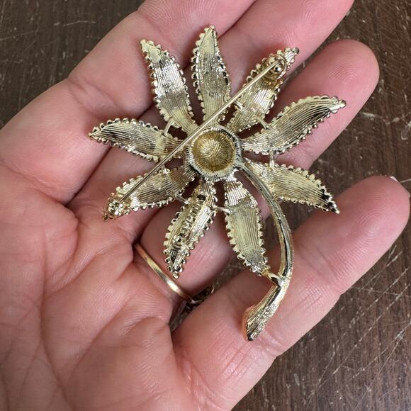 Emmons Silver Tone White Rhinestone Flower Floral Stem Brooch Pin - Picture 3 of 4